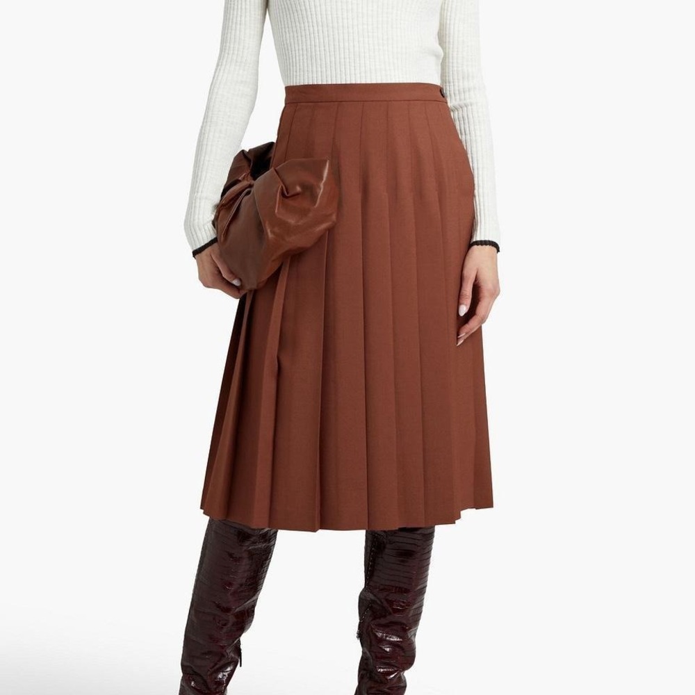 Sunspel Brown Wool Blend Wrap Skirt Women's Size Small Brown Pleated Midi Preppy